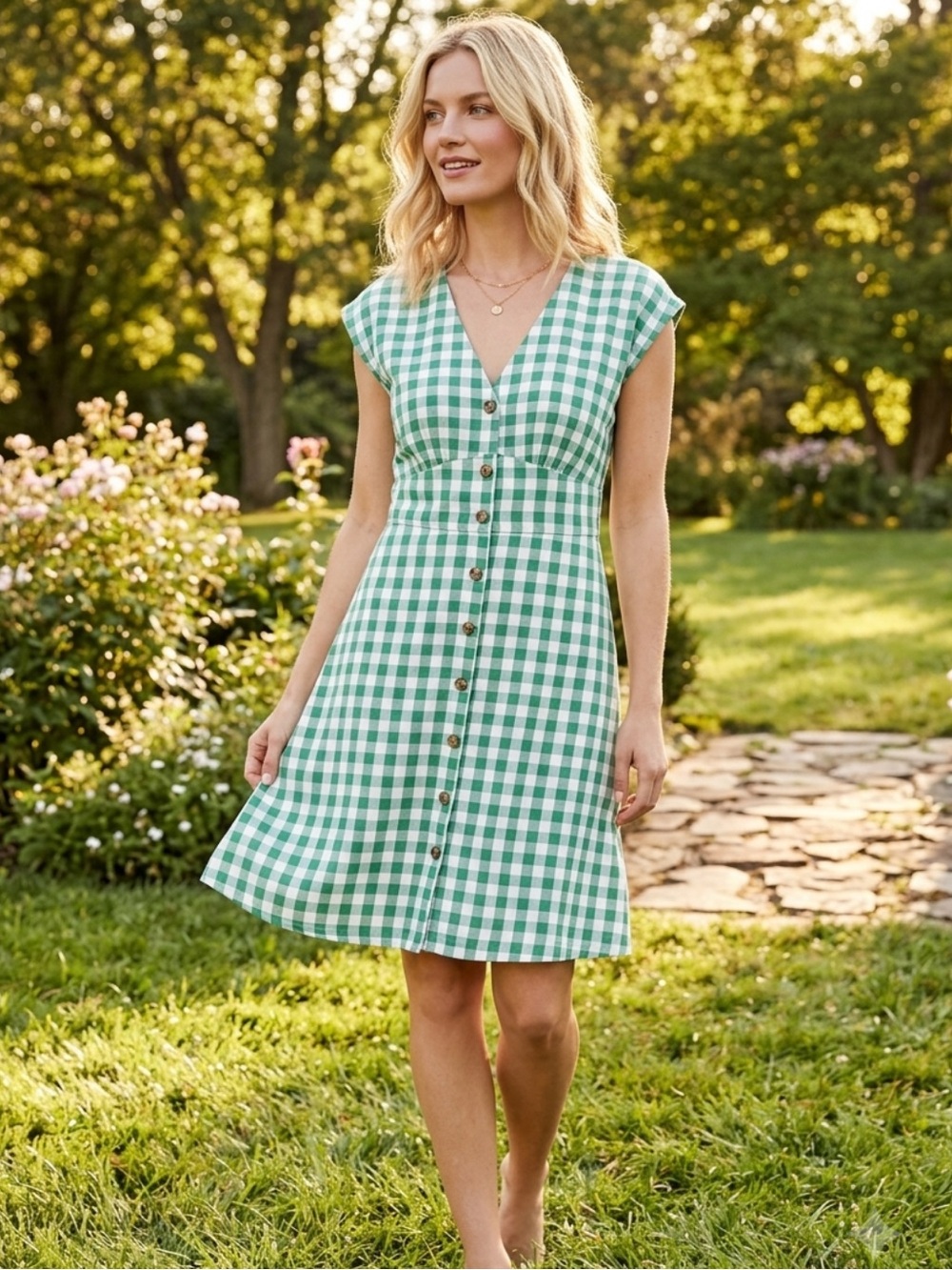 Loft green and white gingham short sleeve button down dress